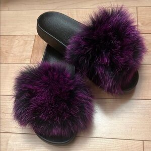 Luxurious Purple Black Fox Fur Slides
